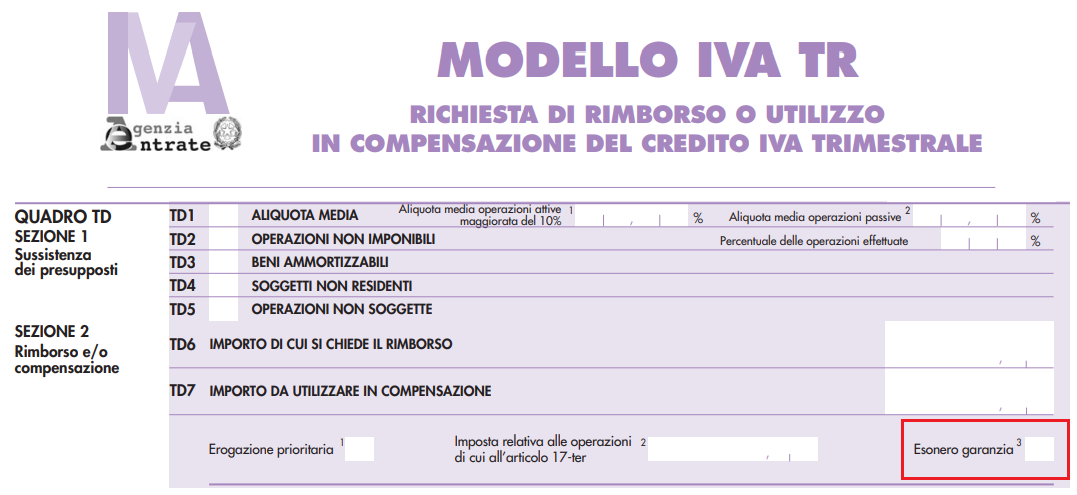 MODELLO IVA TR esonero garanzia